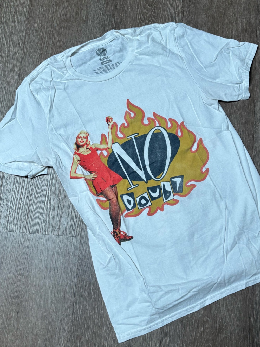 White Graphic Tee with Flaming No Doubt Pin-Up Design
